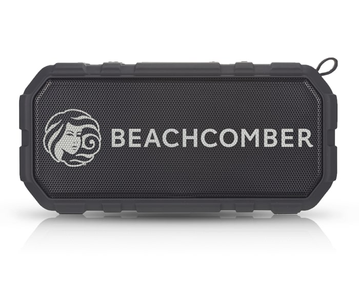 rounded rectangular speaker with the beachcomber logo on the front and a hook tie