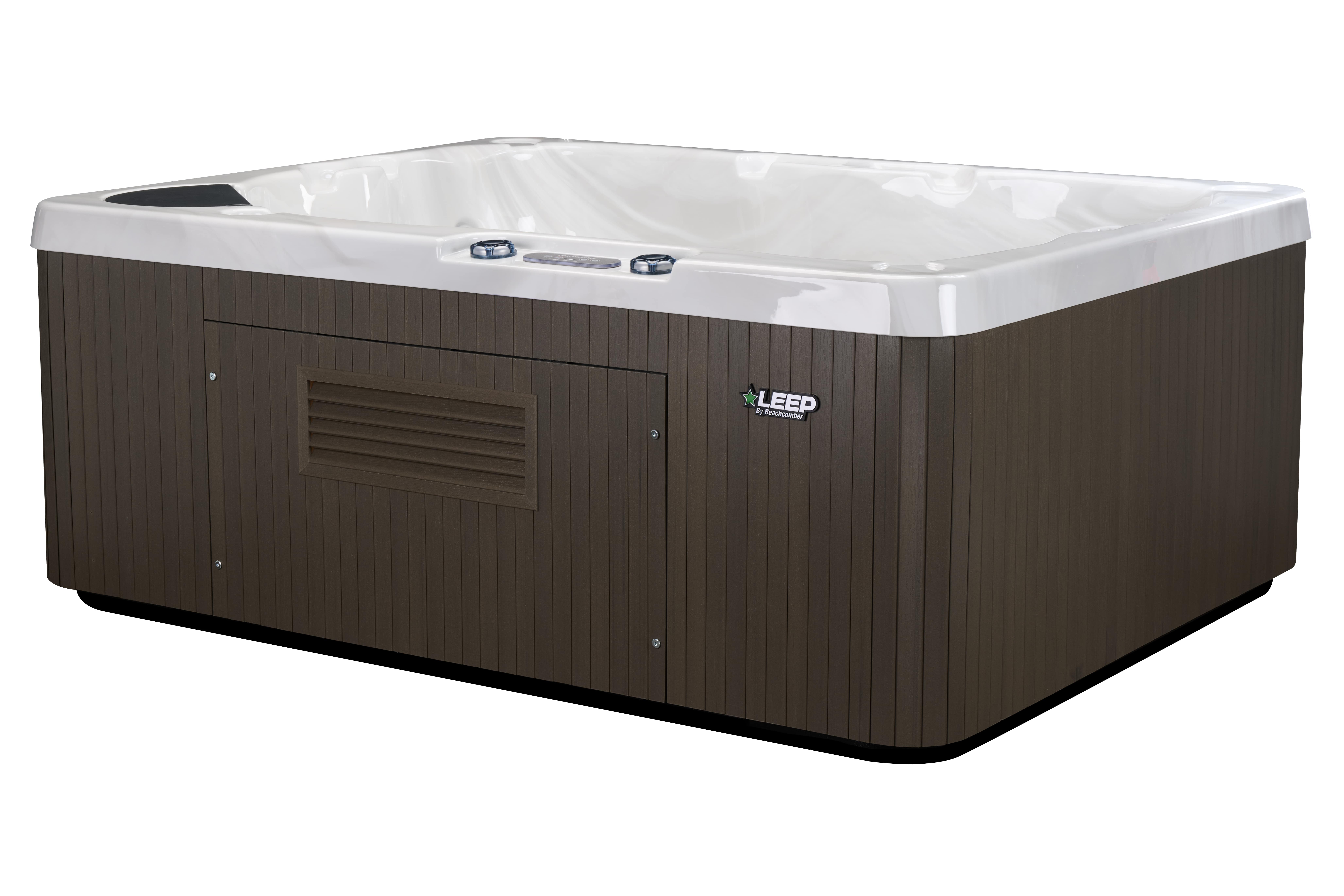 beachcomber 009 LEEP hot tub with dark brown skirting and white acrylic