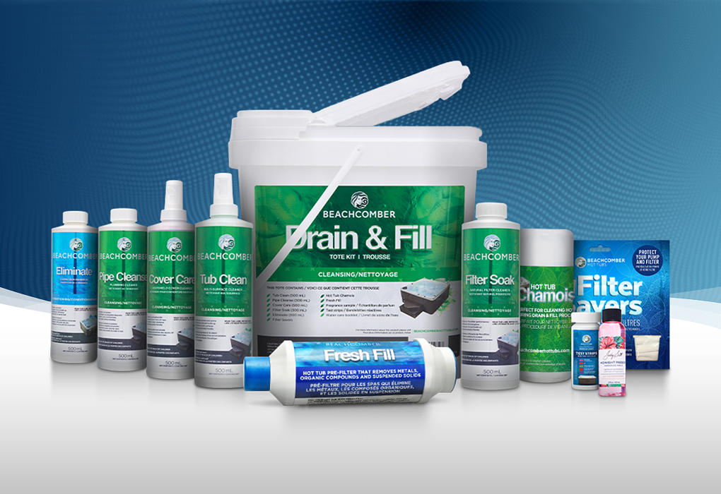products of drain and fill tote for hot tubs lined up