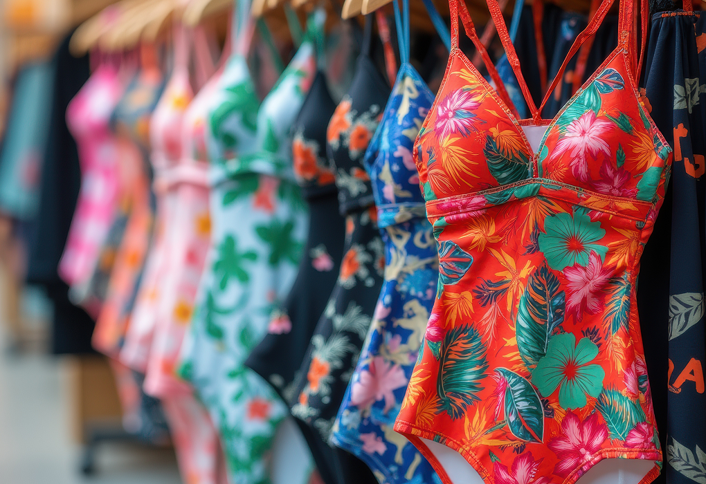 multiple colourful womens swimsuits hanging on a rack