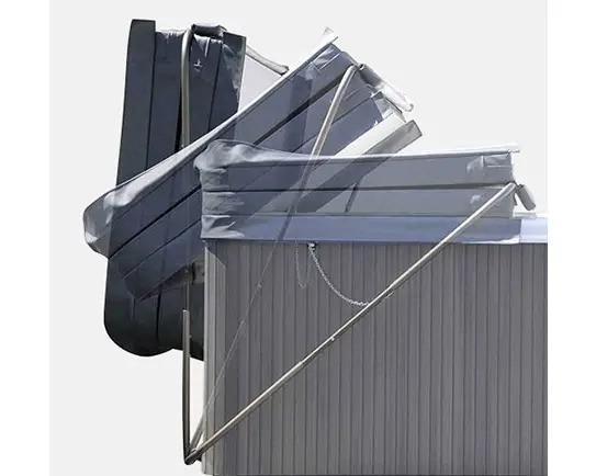 beachcomber hot tub with an airlift cover lifter shown in motion 