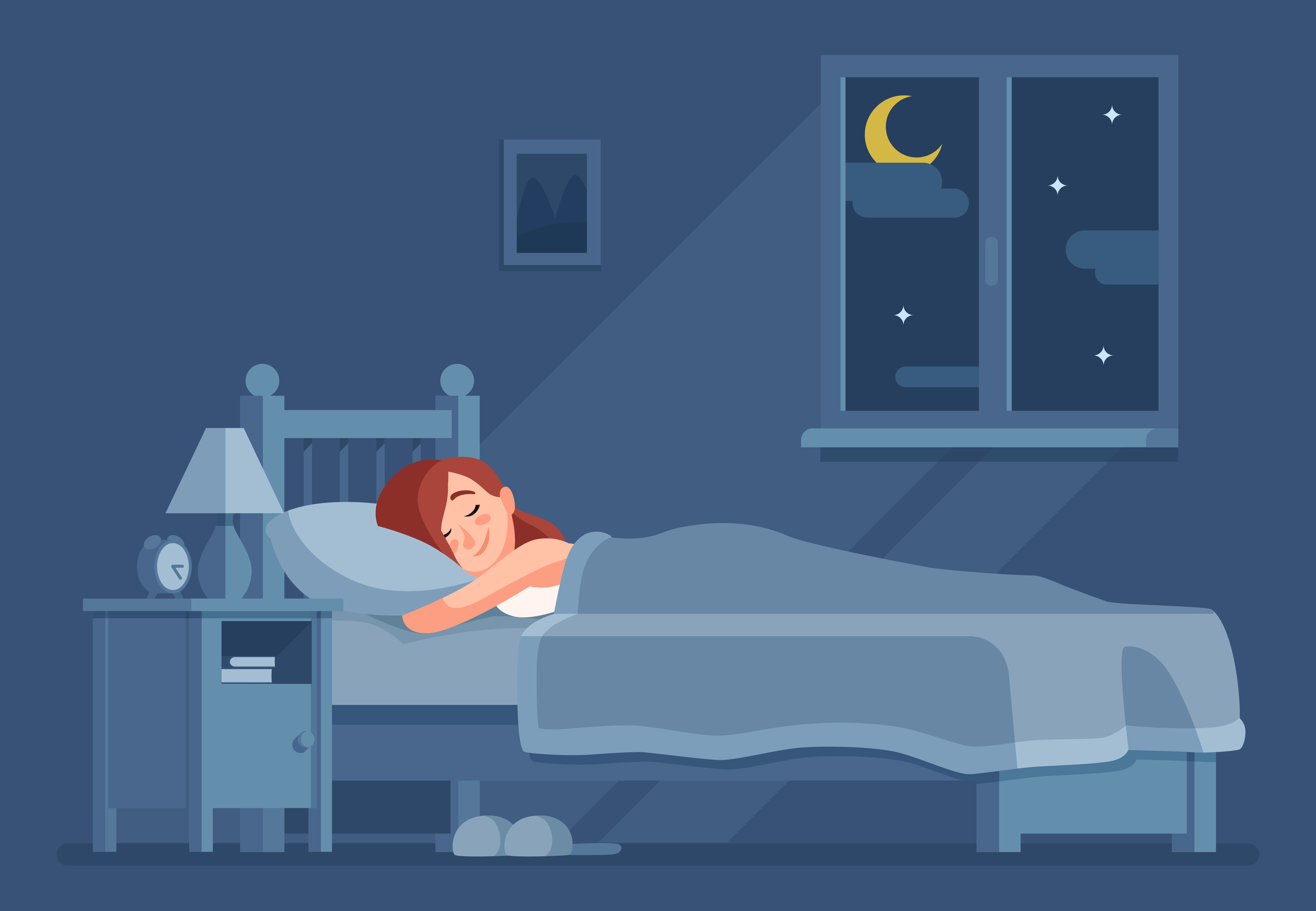 graphic design of a person in a dark room in bed