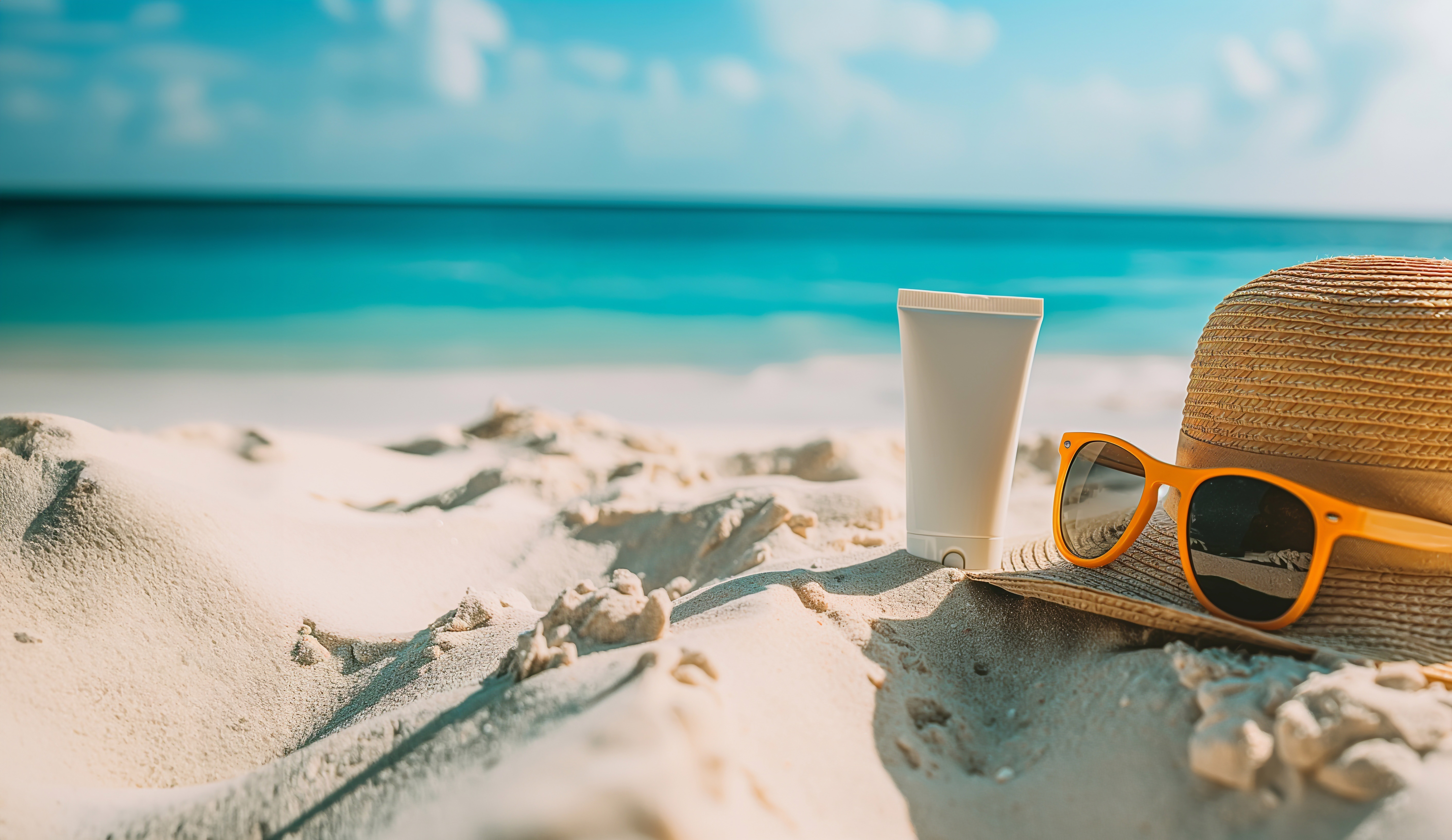 sandy beach with water in the distance. straw summer hate sitting on the sand on the right side of the photo, with orange sunglasses perched on the brim. grey tube of sunscreen to the left of the hat.  