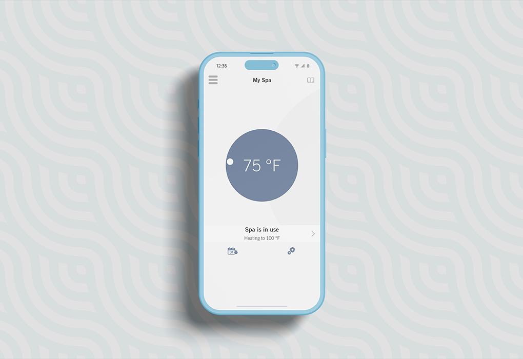 phone with 'My Spa' showing temperature in a blue circle in the middle and the status of the hot tub and the temperature it is heating to