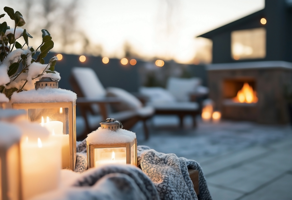 backyard shot with blurred background and close up view of snowy tree and three lanterns sitting on a blanket
