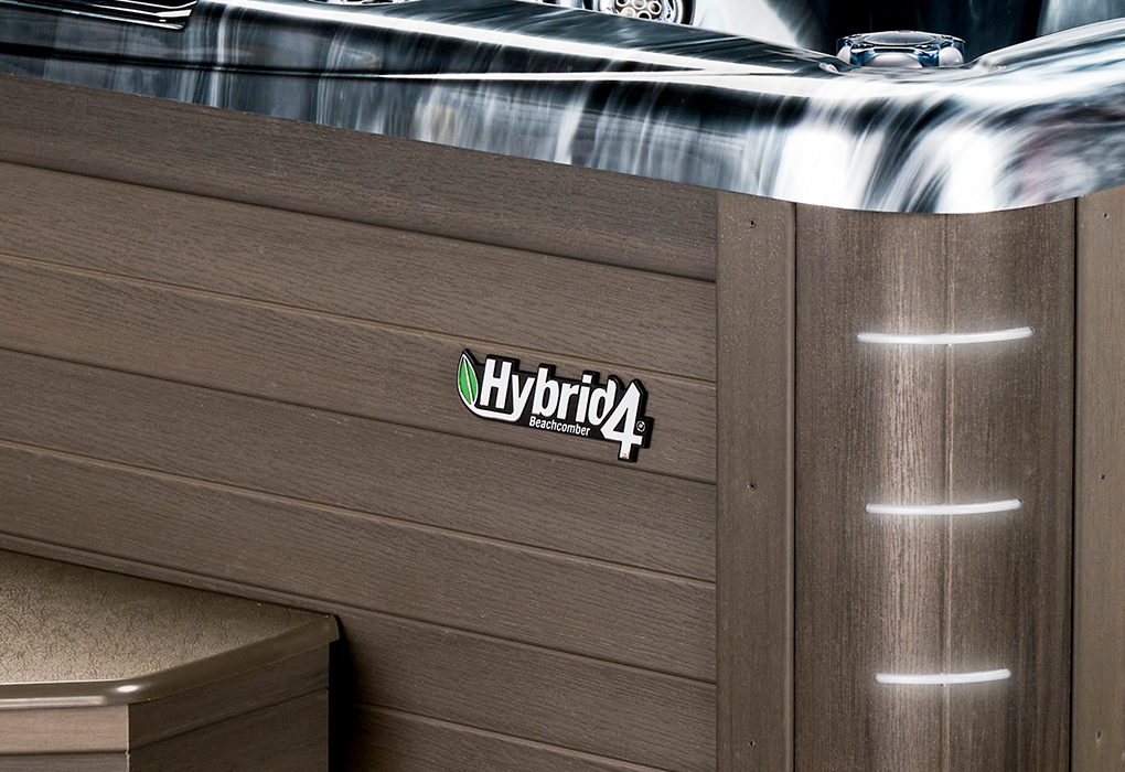 beachcomber hybrid4 hot tub with Marquina acrylic and wood skirting