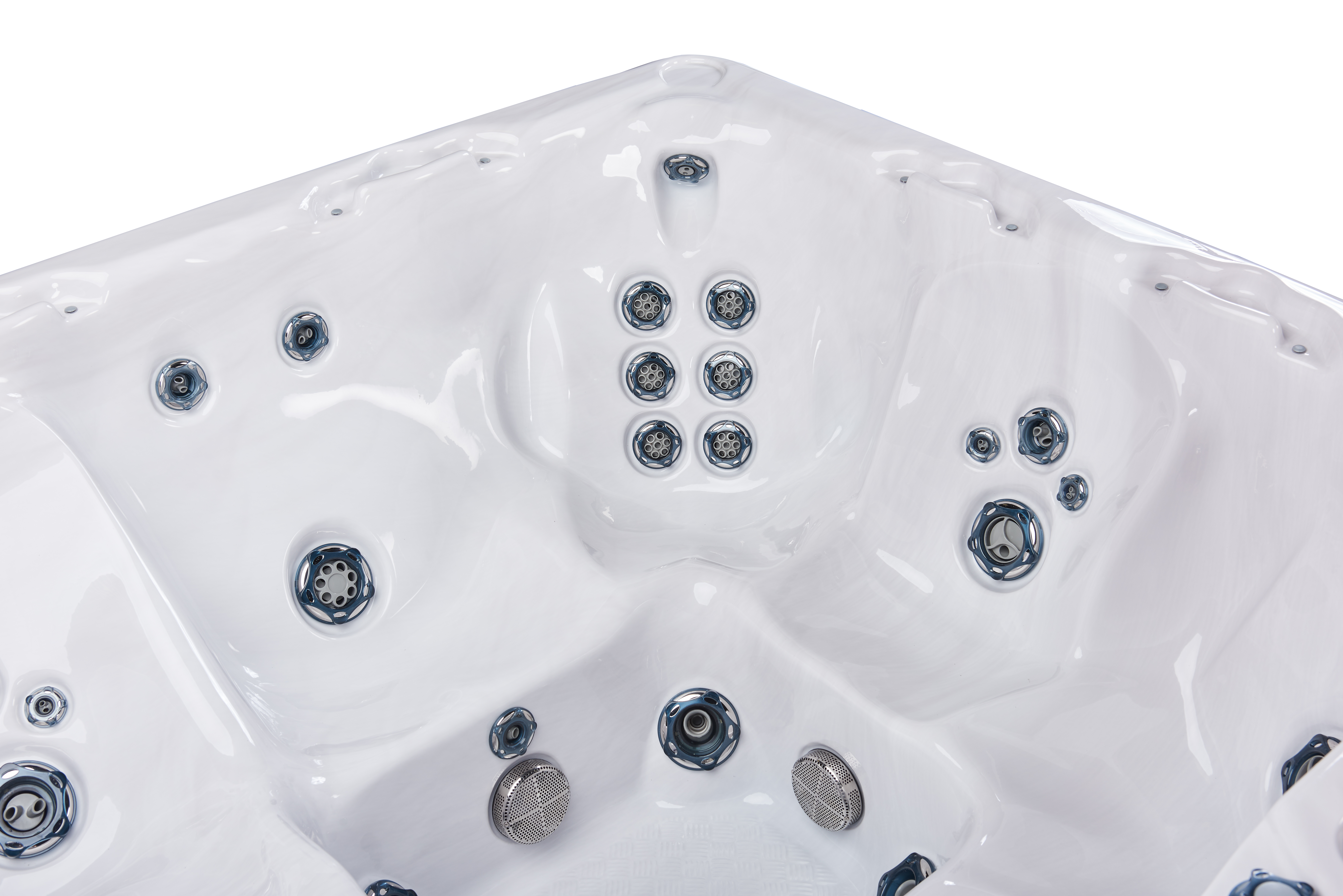 inside of beachcomber hot tub with opal acrylic showing seats, jets, and base