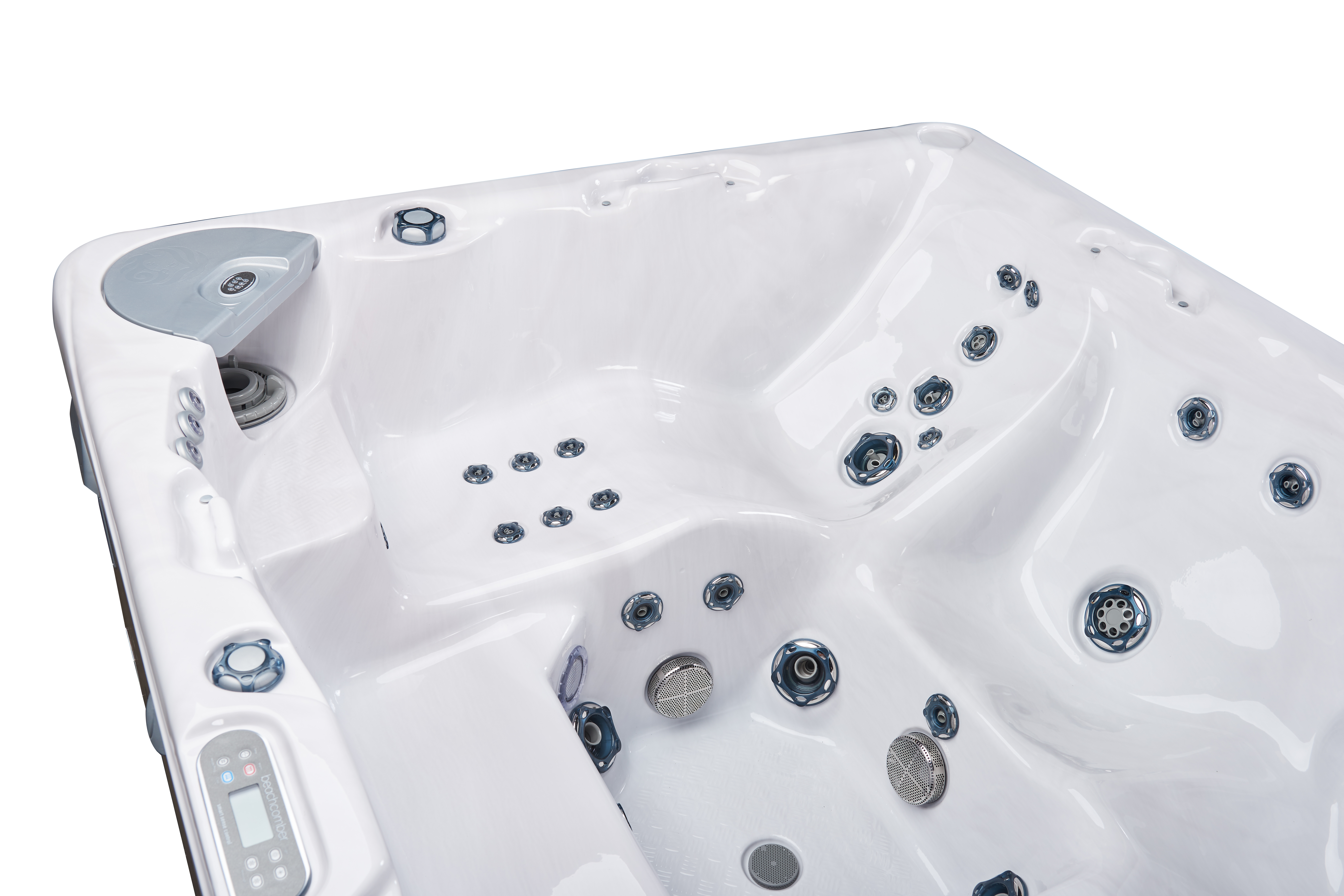 inside of beachcomber hot tub with opal acrylic showing seats and lounger