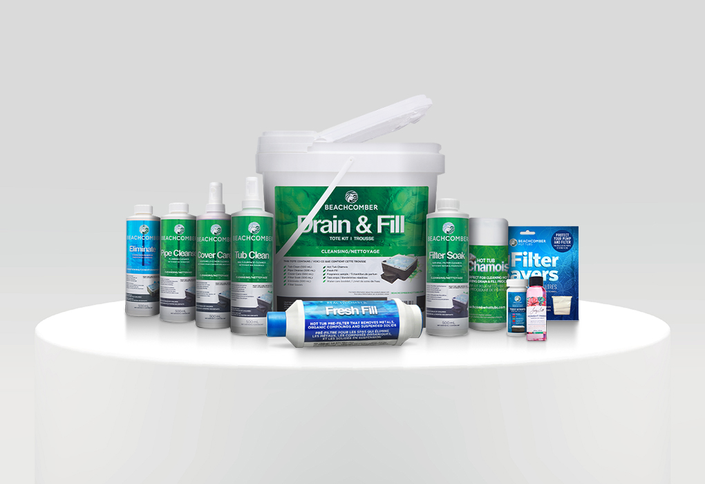image of the beachcomber drain and fill tote. includes eliminate, pipe cleanser, cover care, tub clean, fresh fill, filter soak, chamois, filter savers and hot tub aromatherapy