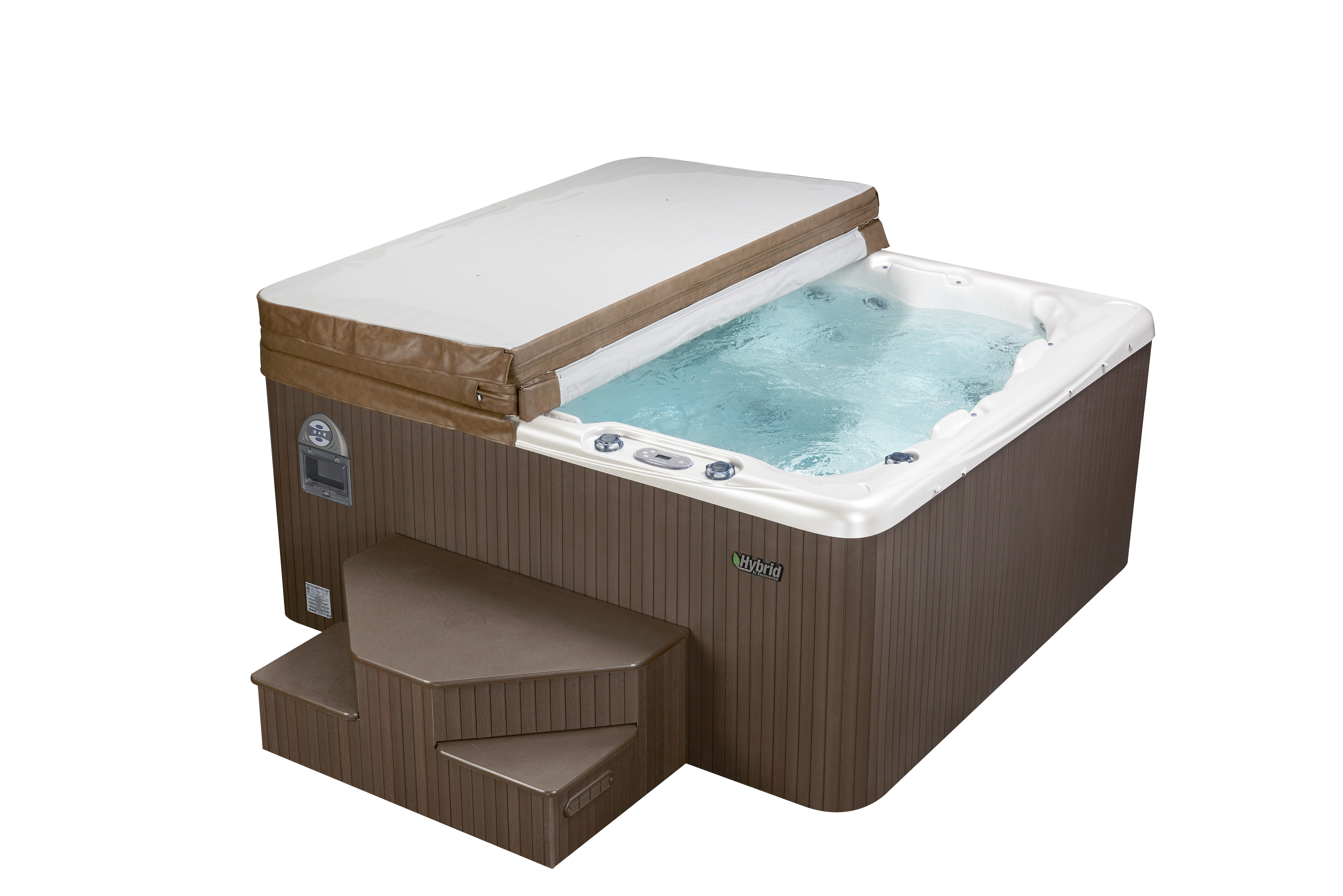 hybrid beachcomber hot tub, wooden colour, with heat shield hot tub cover folded over in half