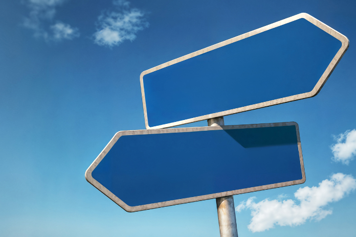 blank road signs pointing in different directions