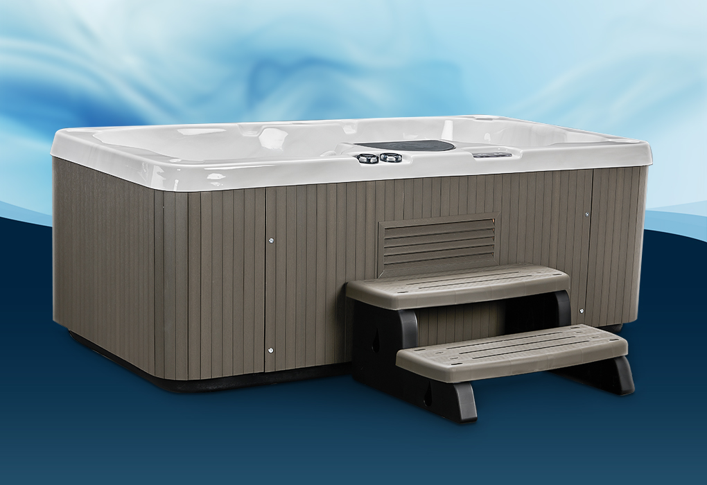 beachcomber plug n play hot tub on a blue background 