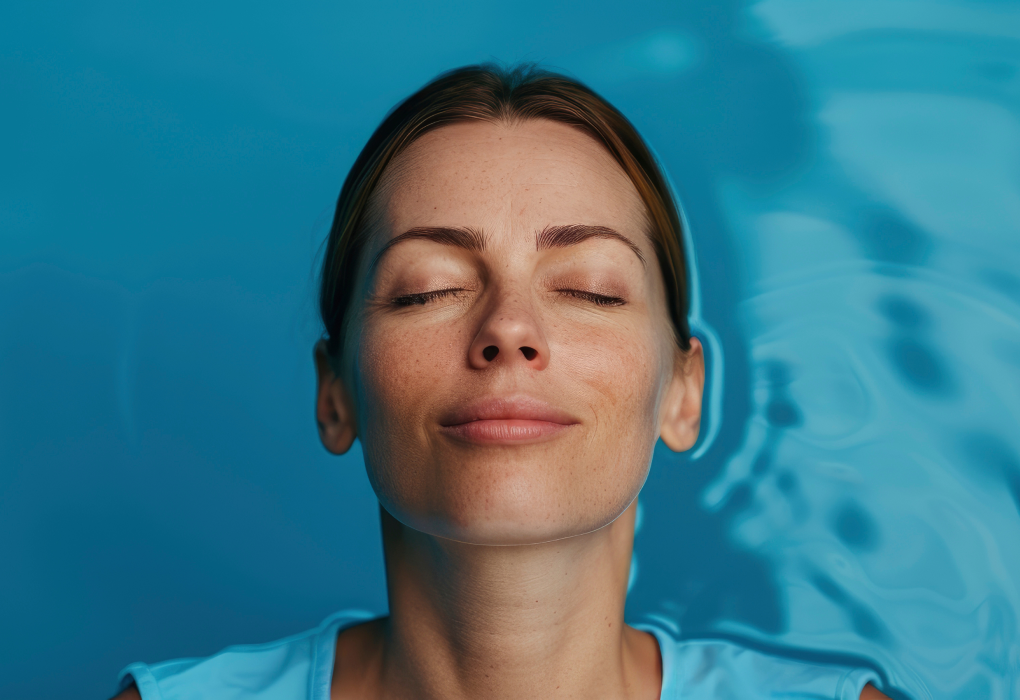 a woman leaning back into water with her eyes closed