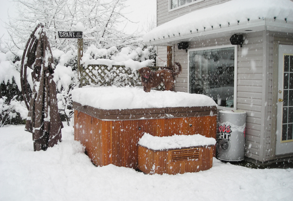 hot tub in a backyard full of snow with snow covering the hot tub cover