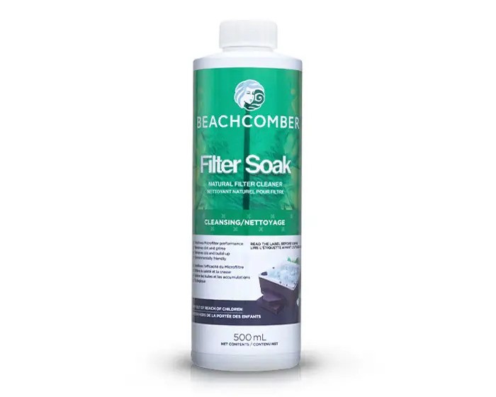bottle of beachcomber hot tubs filter soak - white bottle with metallic green label with beachcomber logo and product name and description